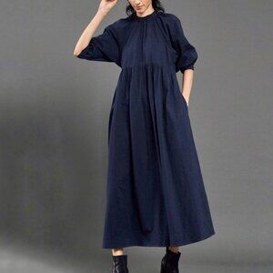 Mati Navy Blue Cotton Round Neck Raglan Balloon Sleeve Midi Dress Women’s XS